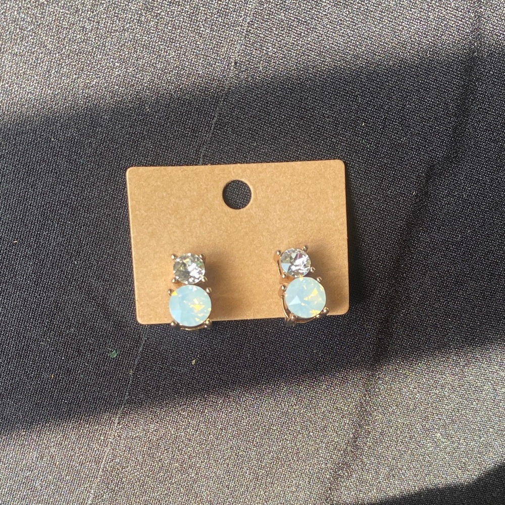 Vintage Opalescent and Clear Crystal Double Stud Clip On Earrings - Gold Tone